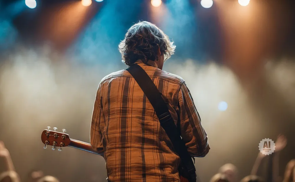 A guitarist plays on stage with stage lights and smoke in the background.