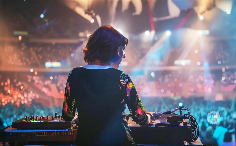 Woman DJ in a sparkly outfit mixes music on stage in a packed concert venue.