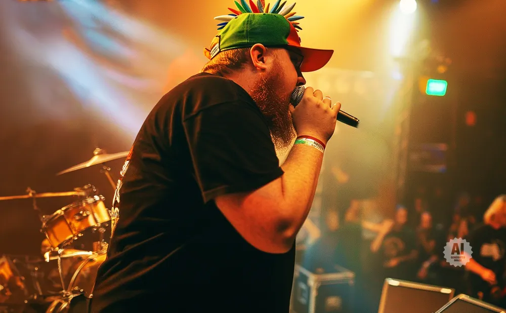 A man with a spiked hat sings into a microphone on stage with a drummer in the background.