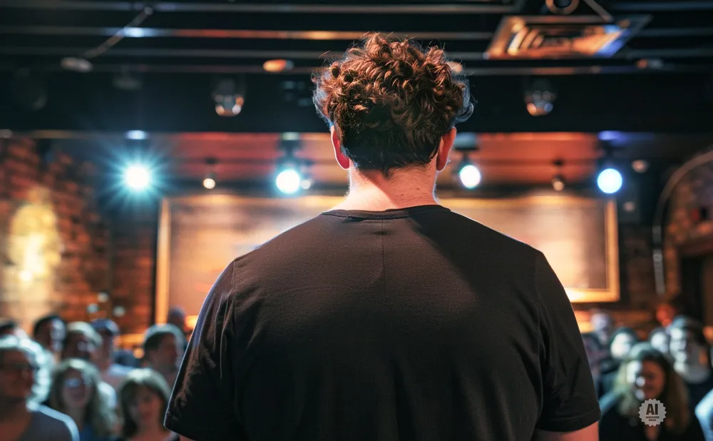 Back of a curly-haired man in a black shirt, facing an audience in a dimly lit venue.
