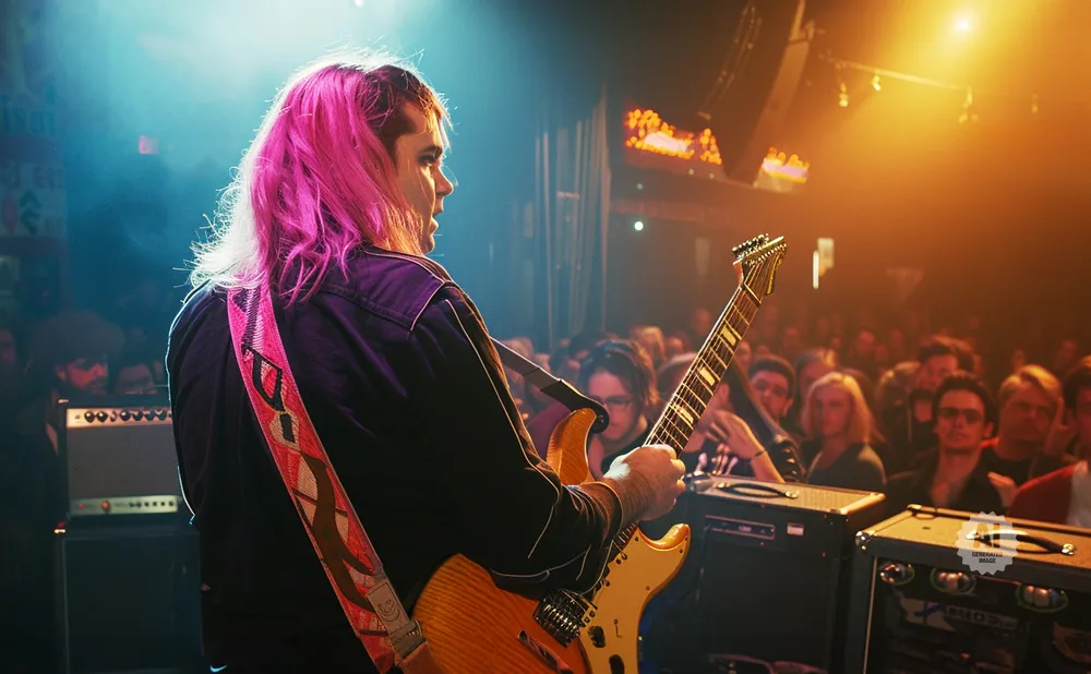 A musician with pink hair plays an electric guitar on stage, facing an audience under warm stage lights.