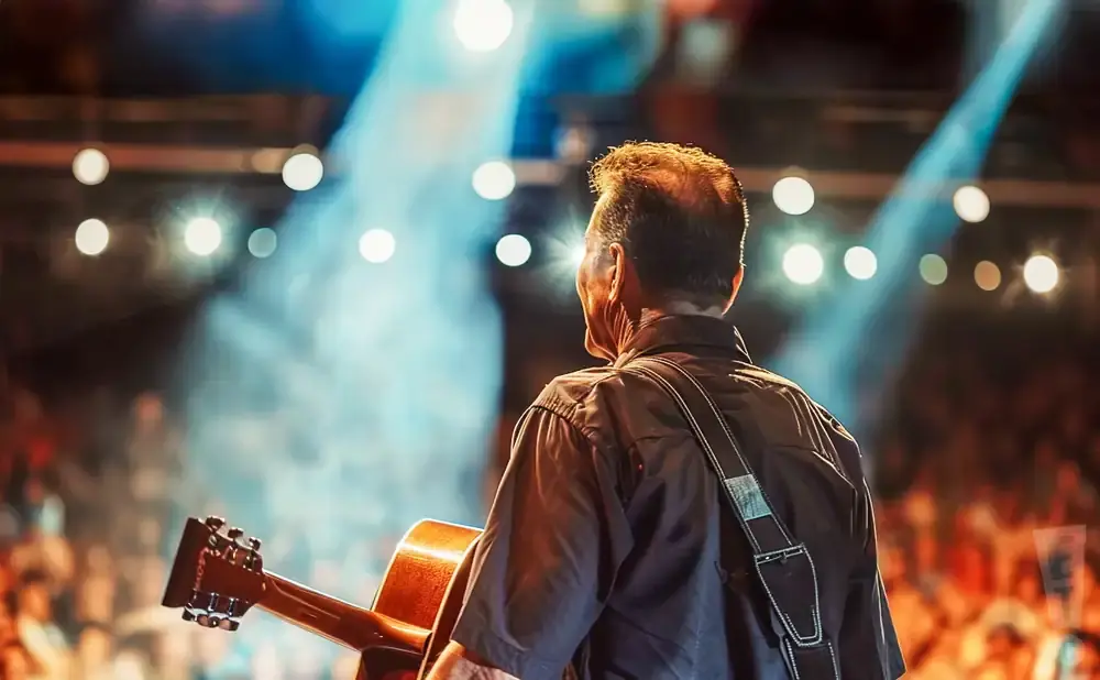 Guitarist performing on stage with bright lights and an audience in the background.