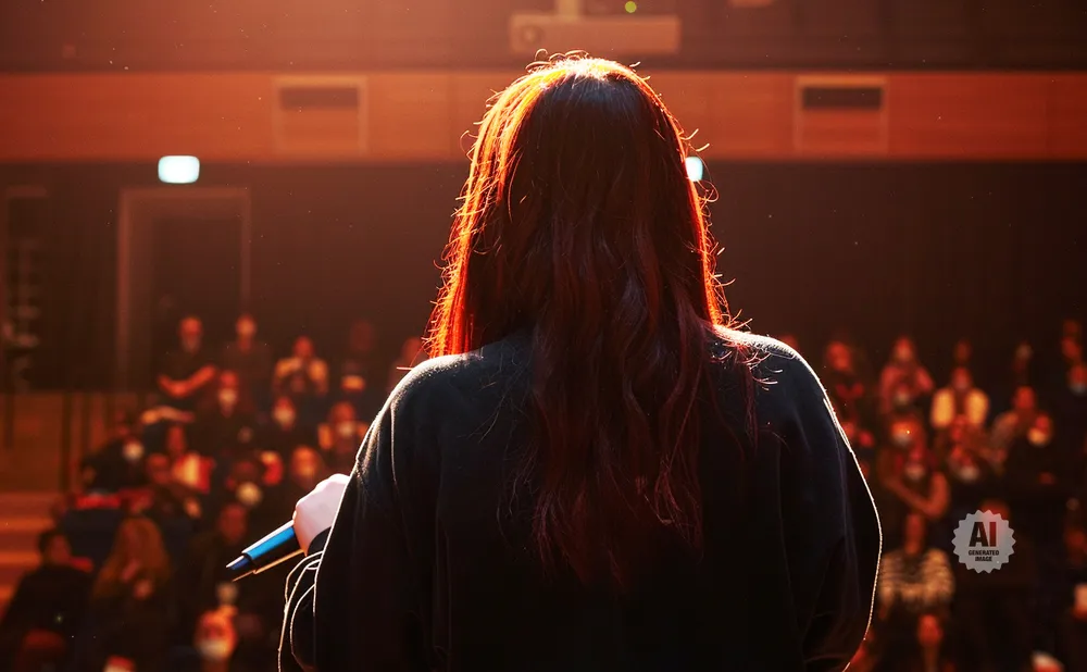 Person with long red hair holding a microphone on a stage, facing an audience.