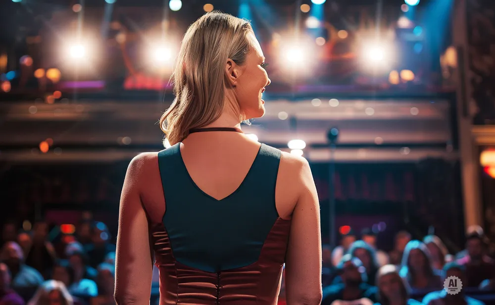 A woman on stage smiles at an audience under bright lights.