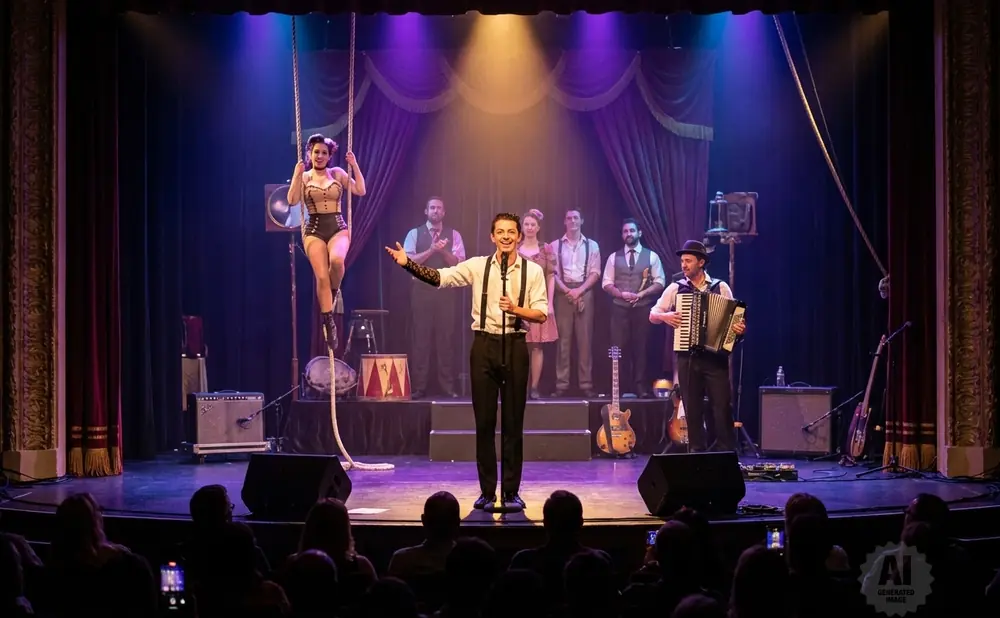 A woman performs aerial acrobatics on a rope while a band plays on stage.