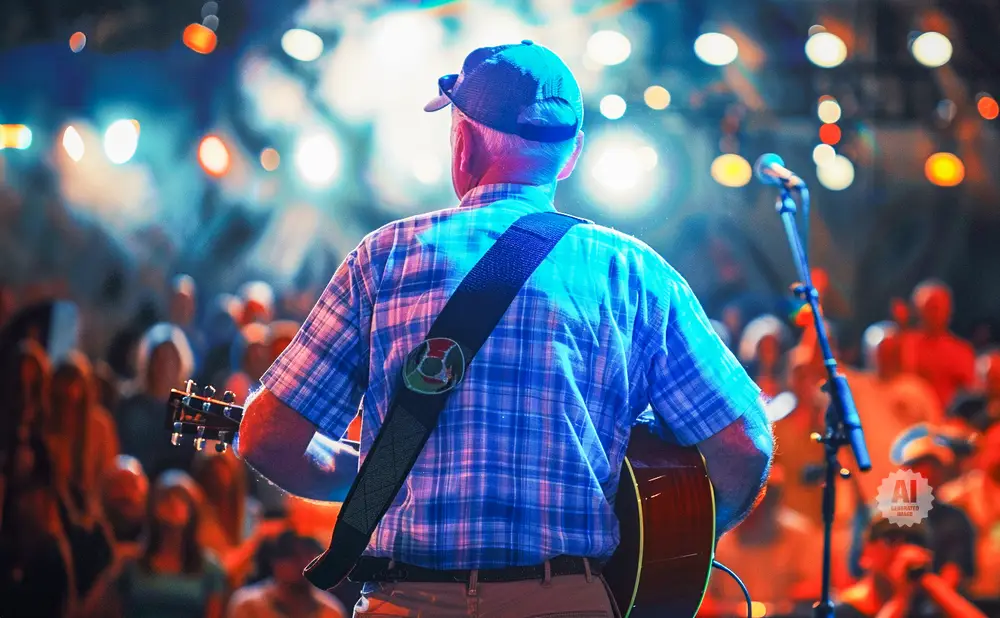 A musician plays guitar on stage under colorful lights for a blurred audience.