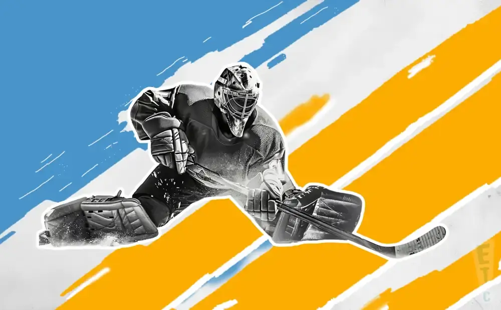 A hockey goalie in full gear dives to make a save, with a blue and yellow abstract background.