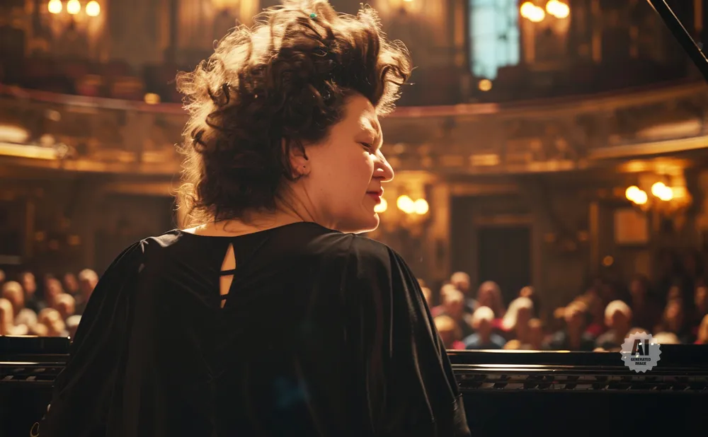 Woman with wild hair plays piano in a concert hall.