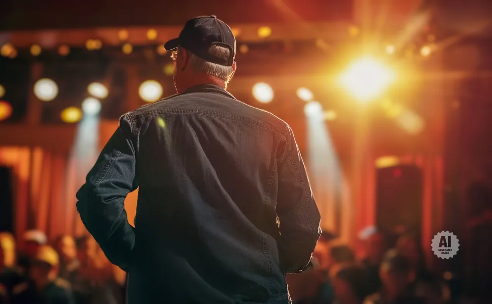 Man wearing a cap and denim jacket on stage with audience blurred in the background.