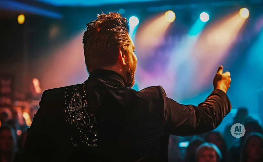 A man in a black sequined jacket turns his back to the camera, gesturing with his right hand on a dimly lit stage with spotlights.