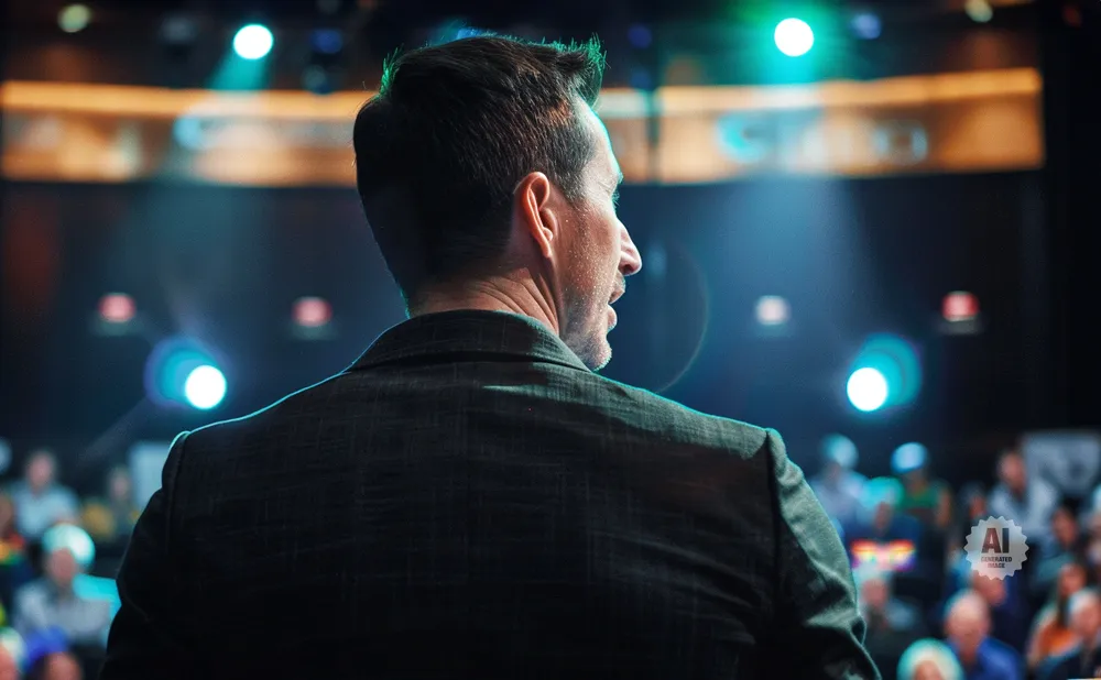 Man in a suit on stage facing an audience, with bright stage lights.