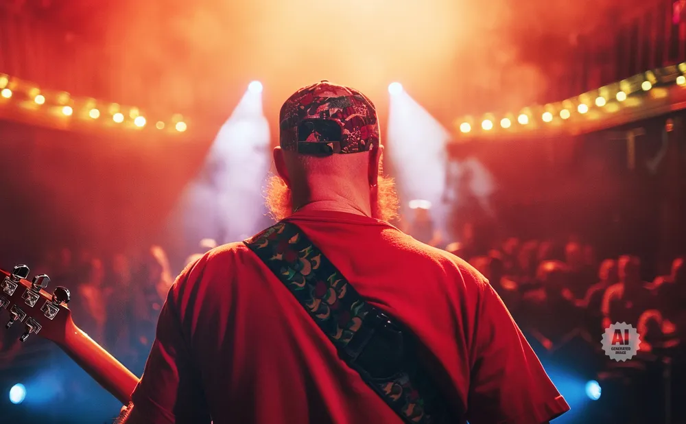 Man in red shirt with guitar strap, facing away from camera at a concert, stage lights and audience visible.