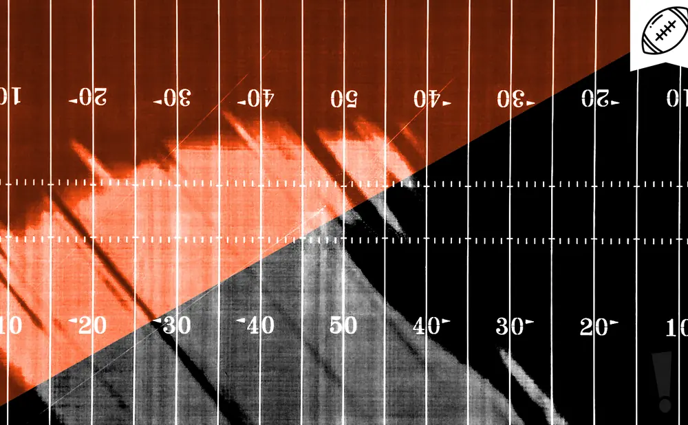 American football field with a diagonal split between orange and black, marked with yard lines and numbers.