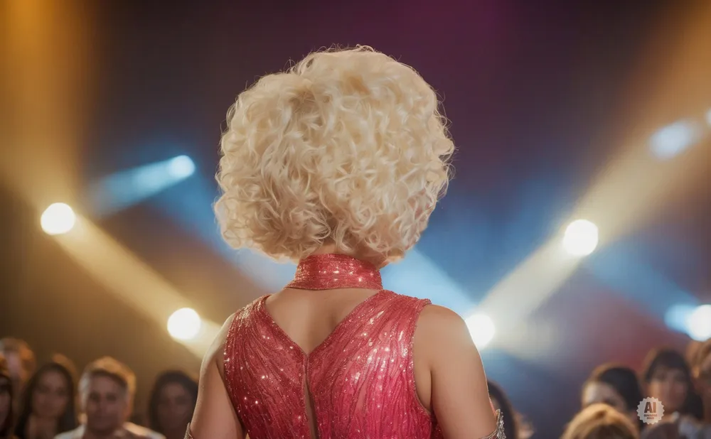 A person with a blonde curly wig and a sparkling pink dress stands on a stage with spotlights.