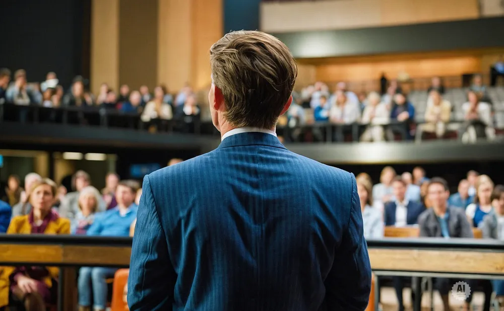 Man in a blue pinstripe suit facing away from camera, addressing an audience in an auditorium.