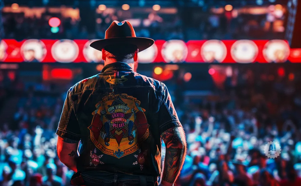 Man in a cowboy hat and denim jacket with a colorful back design stands facing a blurred crowd and stage lights.