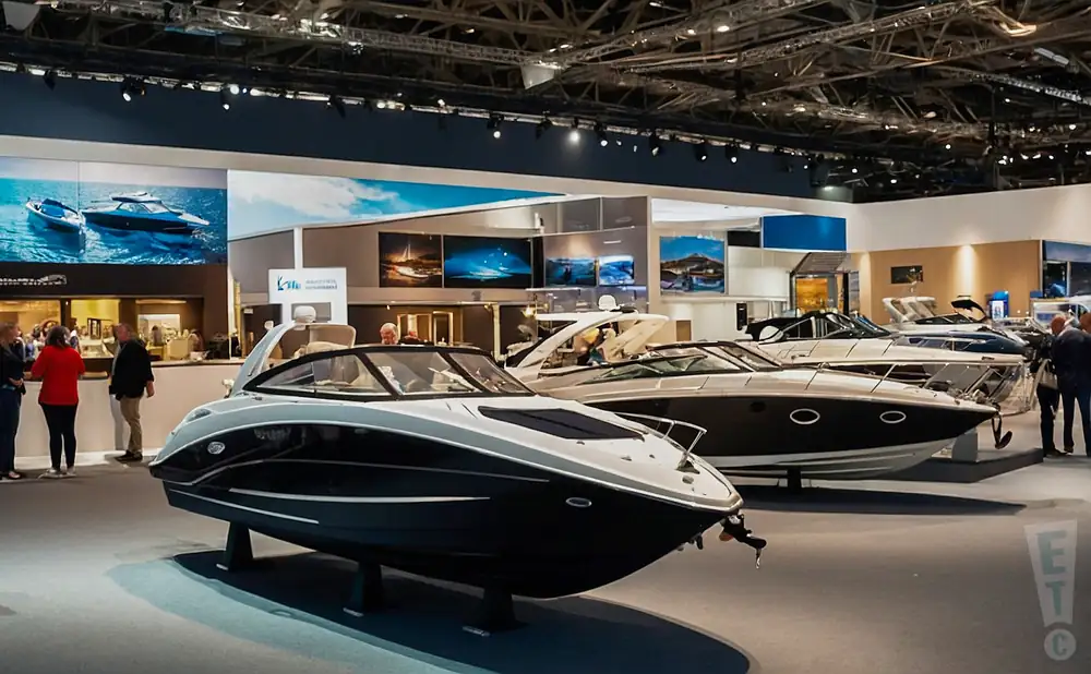 Boats on display at an indoor exhibition, with people browsing.