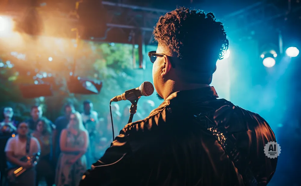 A man sings into a microphone on stage at a concert, with a blurred audience in the background.
