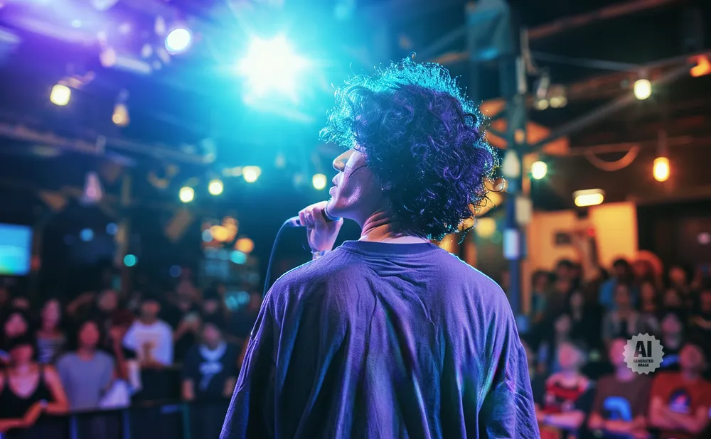 A singer with curly hair performs into a microphone under bright blue stage lights, with a blurred audience in the background.
