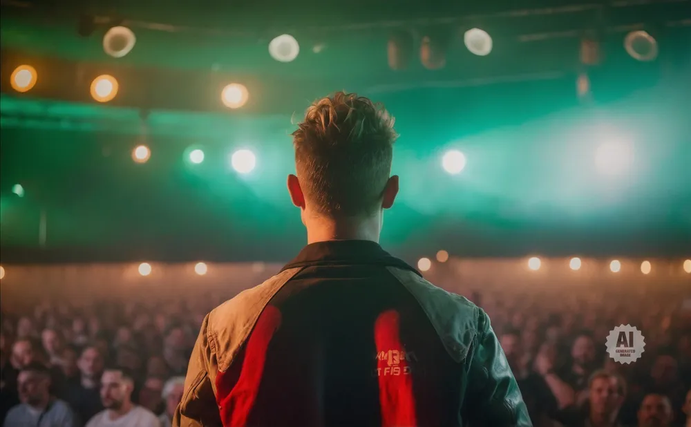 A man stands facing a crowd in a venue lit by green and yellow stage lights.