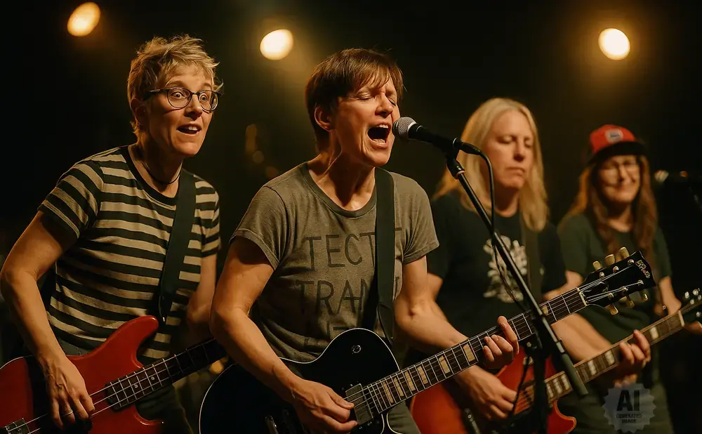 A band plays on stage, with the lead singer in the center belting into a microphone.