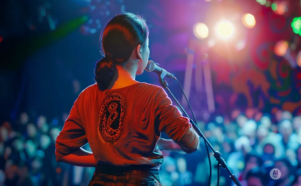Singer performing on stage in front of a crowd, illuminated by stage lights.