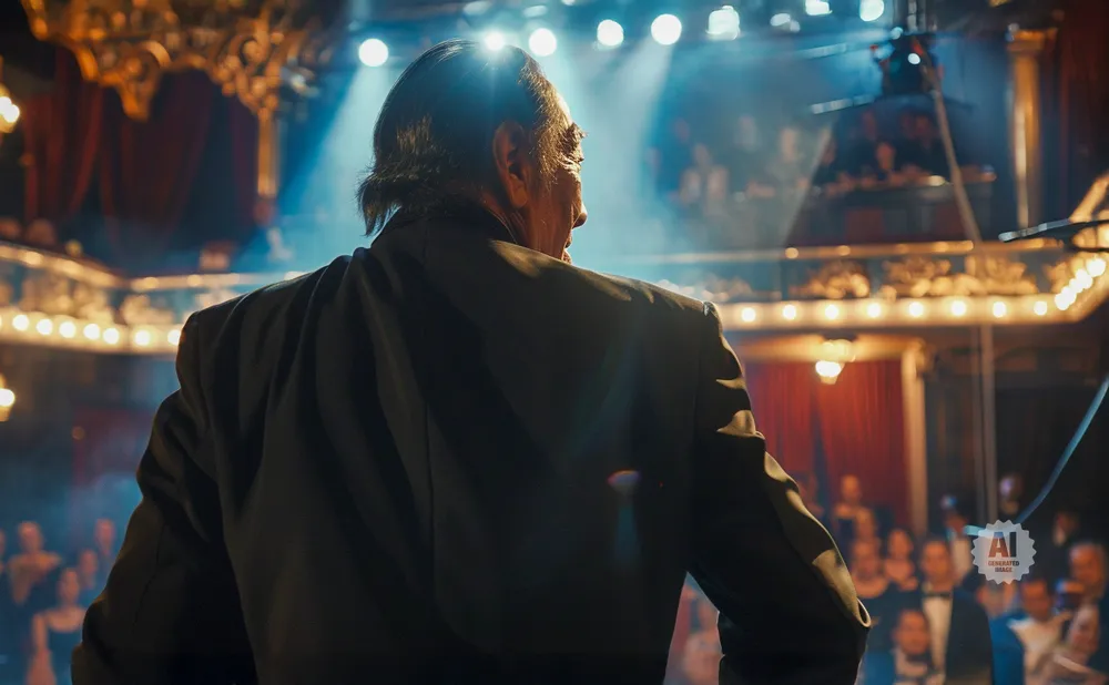 Man in a dark suit on stage facing away from camera, audience visible in blurred background.