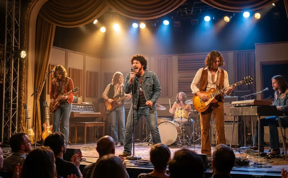 A band performs on stage in a theater, with musicians playing guitars, keyboard, and drums.