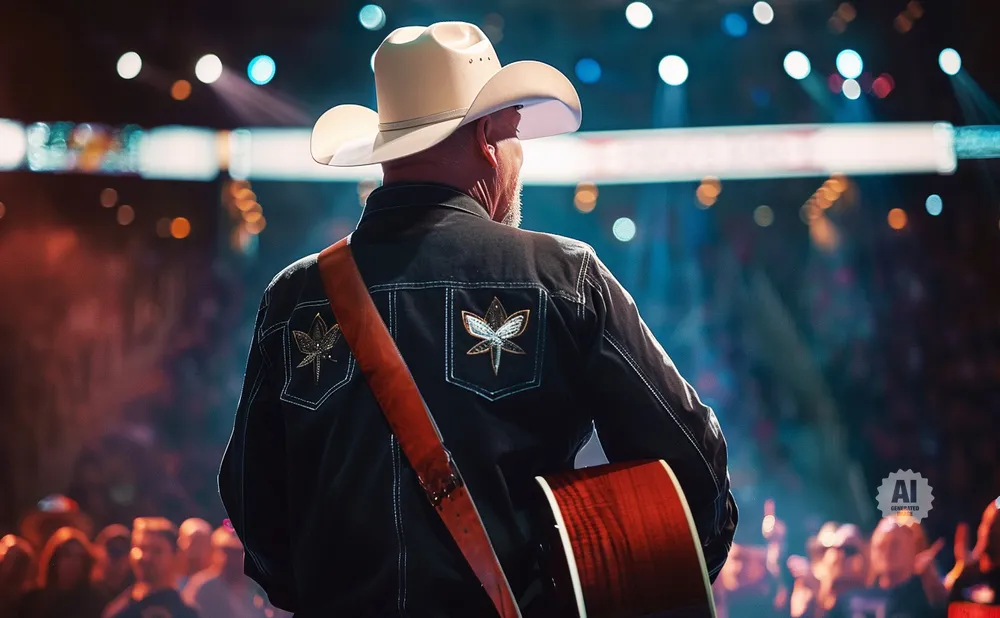 Man in cowboy hat on stage with guitar, back to camera, under stage lights.