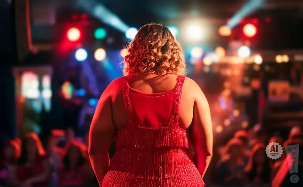 A plus-size person in a red dress stands facing away from the camera on a brightly lit stage.