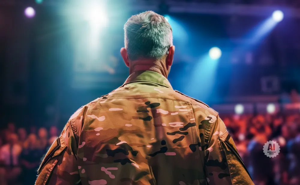 Man in camouflage uniform addressing a crowd, with spotlights illuminating the scene.