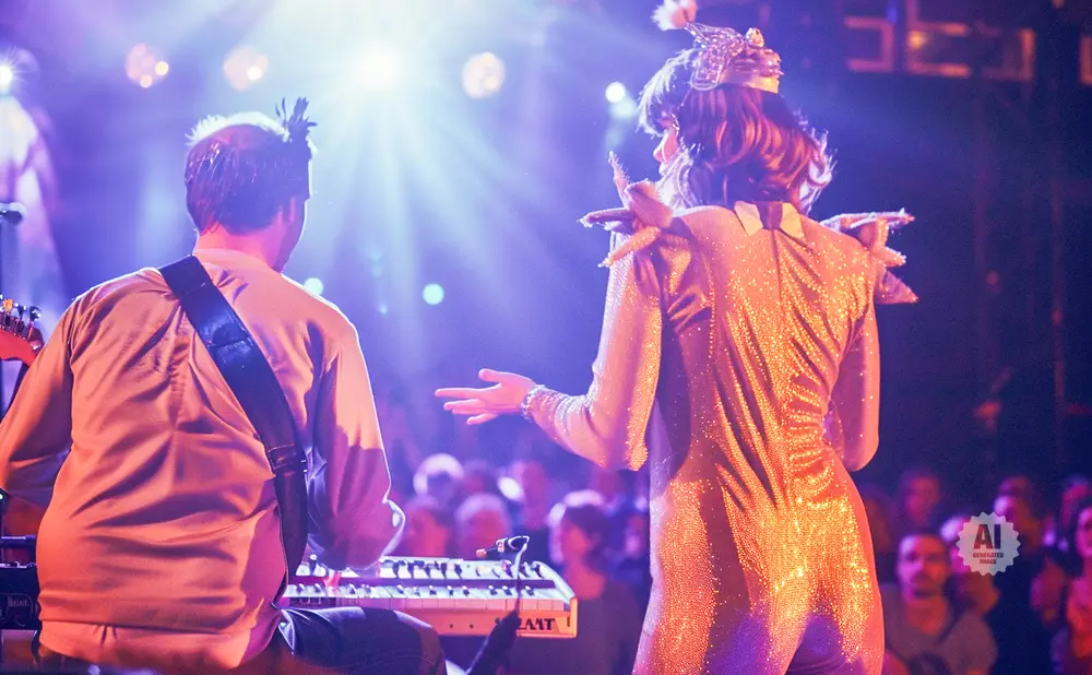 A musician plays a keyboard on stage with a performer in a sparkling costume.