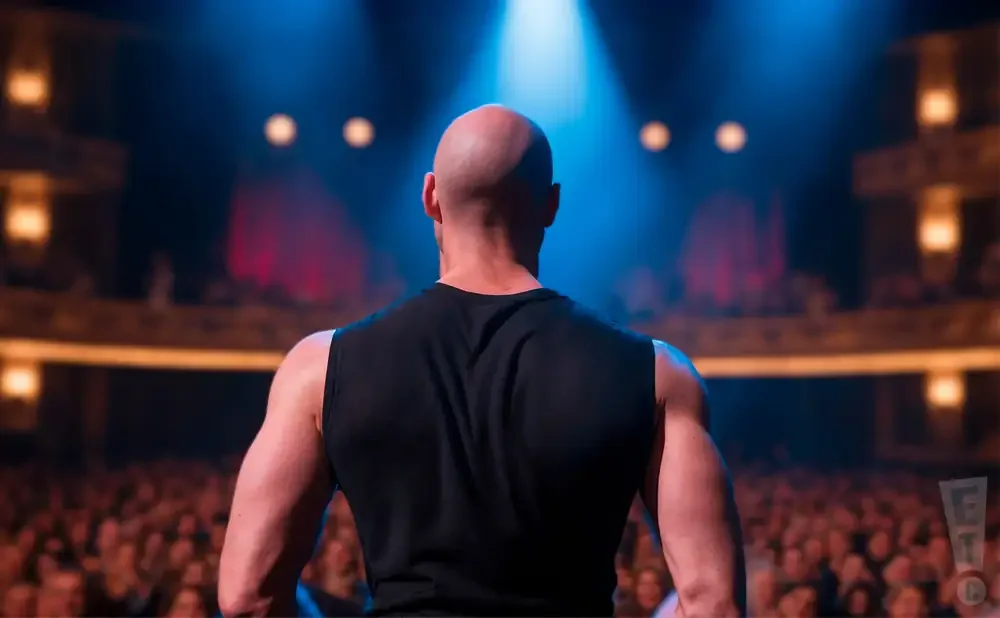 A muscular bald man in a black tank top stands facing away from the camera on a stage with a spotlight shining down.