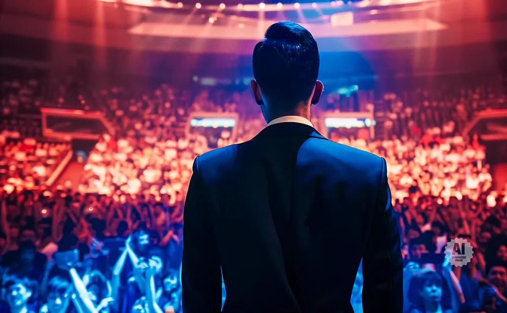 Man in a suit on stage facing a cheering crowd.