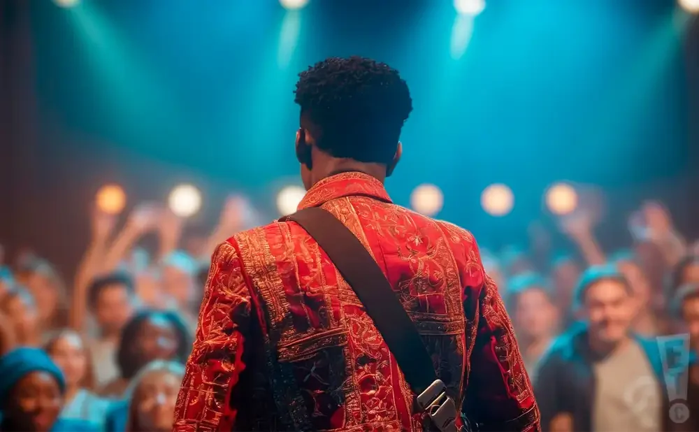 A musician in a red ornate jacket performs for a cheering crowd under blue stage lights.