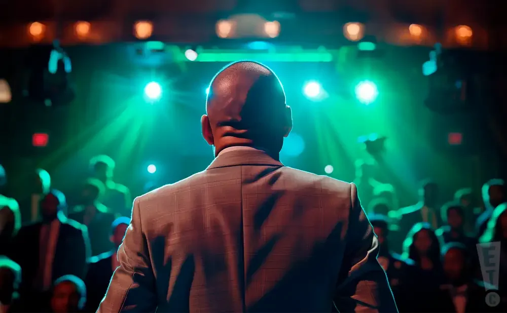 Man in a suit on stage with green spotlights and a blurred audience.