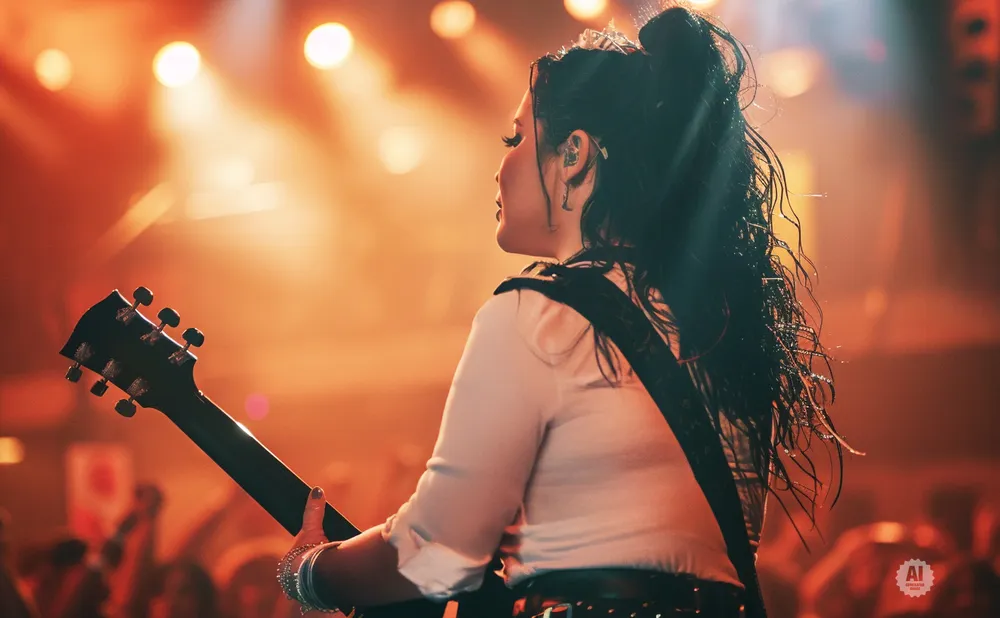 A woman with her back to the camera plays an electric guitar on a brightly lit stage.