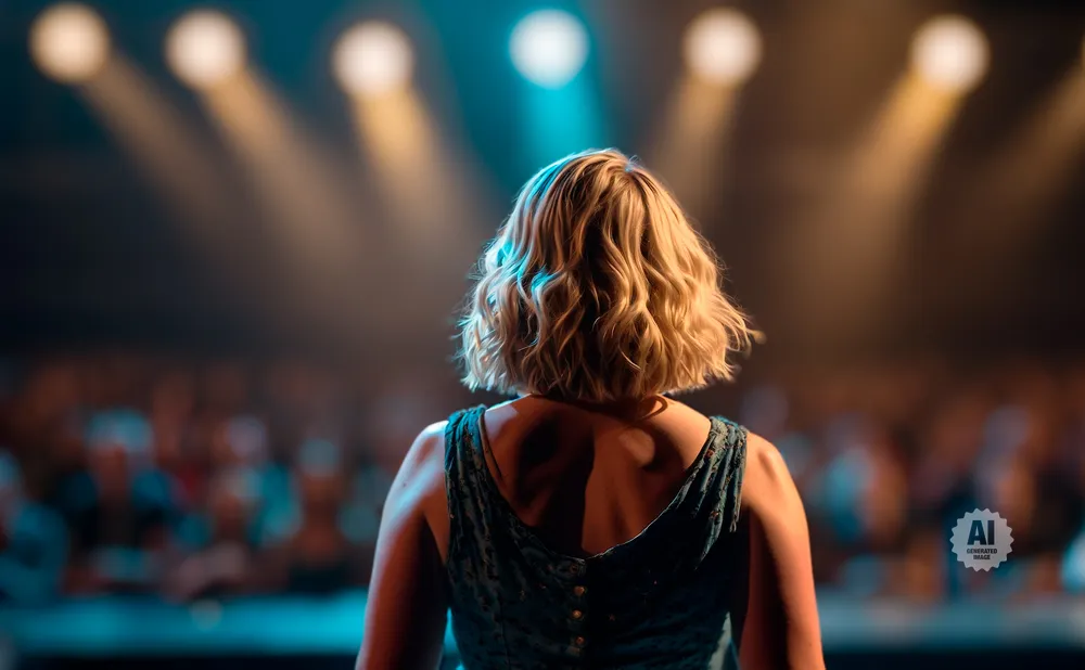 Back view of a woman with blonde hair on stage, facing a blurred audience under spotlights.
