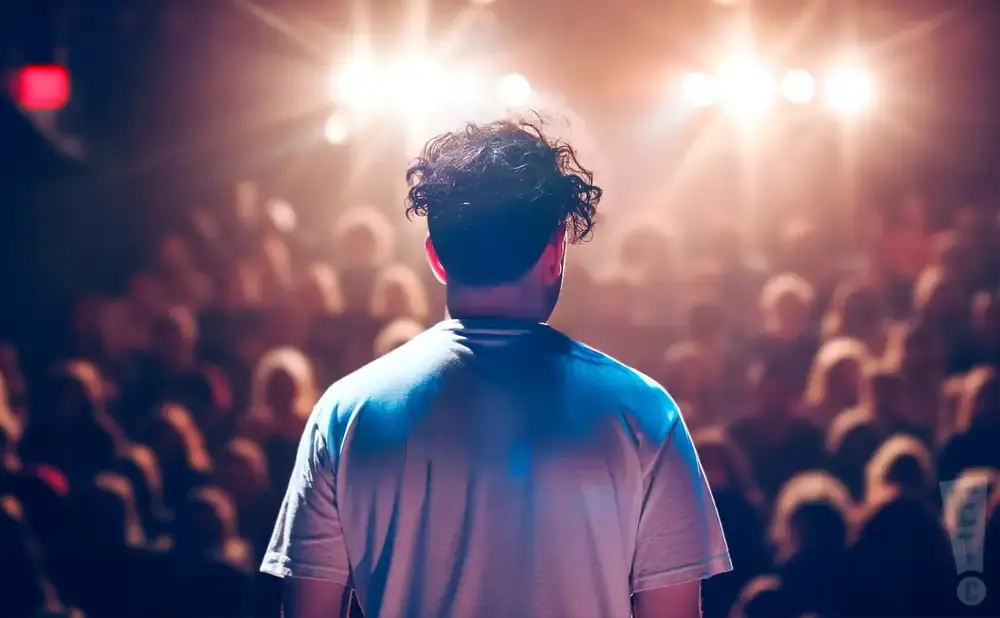 A performer stands on stage facing a blurry audience under bright stage lights.