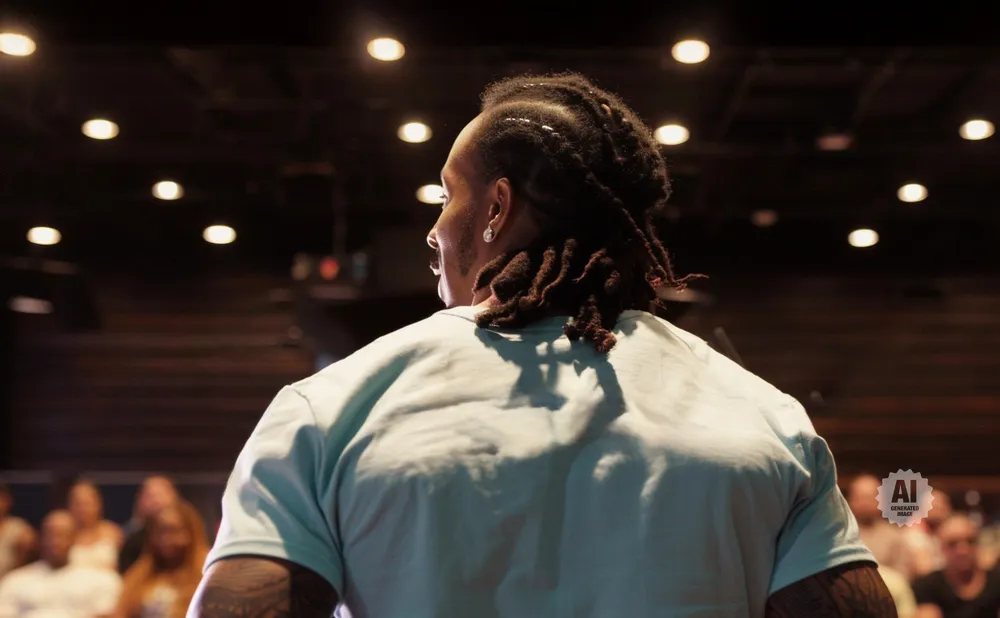 Back view of a man with dreadlocks speaking to an audience, wearing a light blue t-shirt.