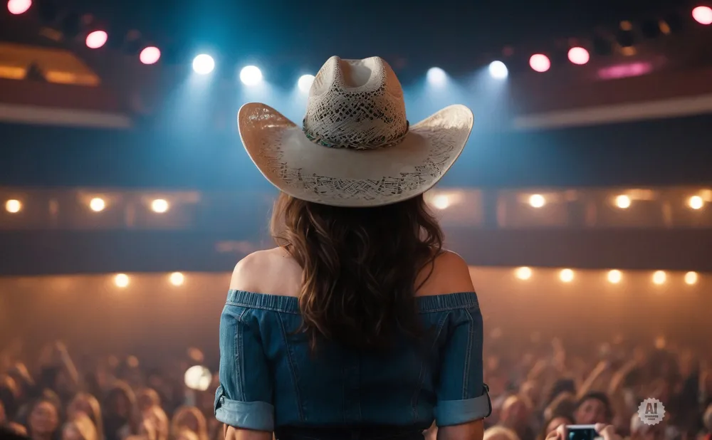 A woman in a cowboy hat and off-the-shoulder denim shirt stands on a stage facing a cheering crowd.