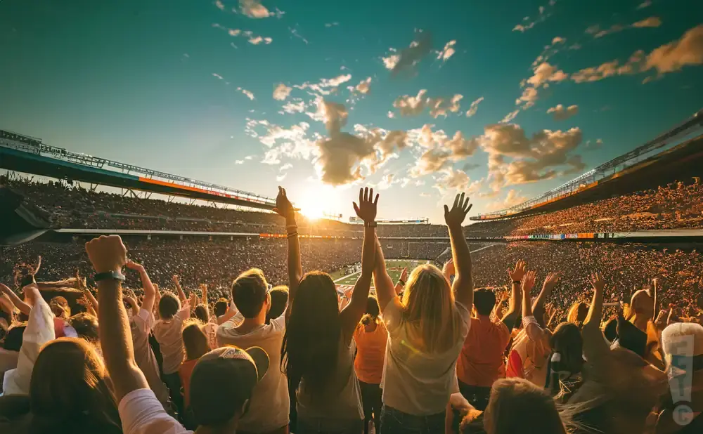 Fans cheer with arms raised in a packed stadium at sunset.