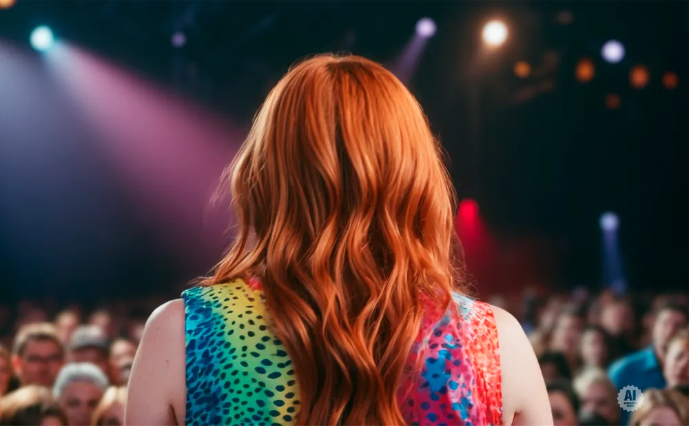 Woman with red hair facing a blurred audience, wearing a colorful, patterned dress.