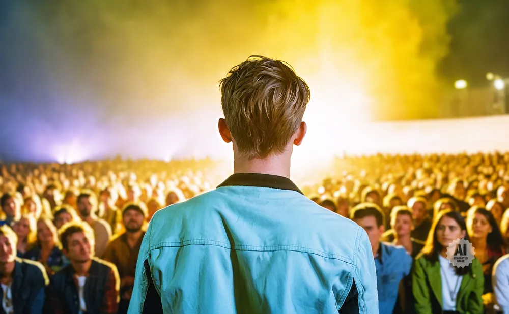 A person faces a large, excited crowd at a concert, bathed in yellow and purple stage lights.
