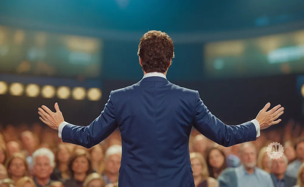 A man in a suit with arms outstretched addresses a crowd.