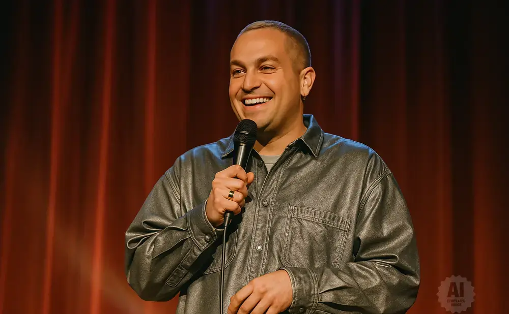 A man with a shaved head, wearing a shiny silver shirt, smiles while holding a microphone on stage.