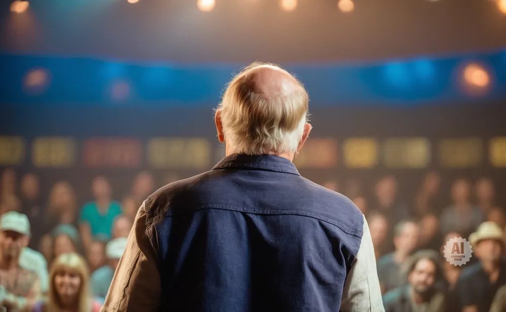 Man with thinning hair, seen from behind, addresses an audience in a dimly lit venue with colorful stage lighting.