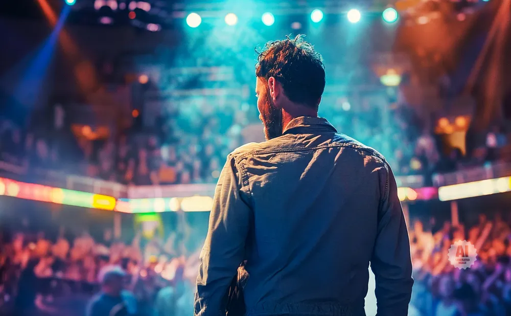 Man with beard in a denim shirt looking at a cheering crowd at a concert.