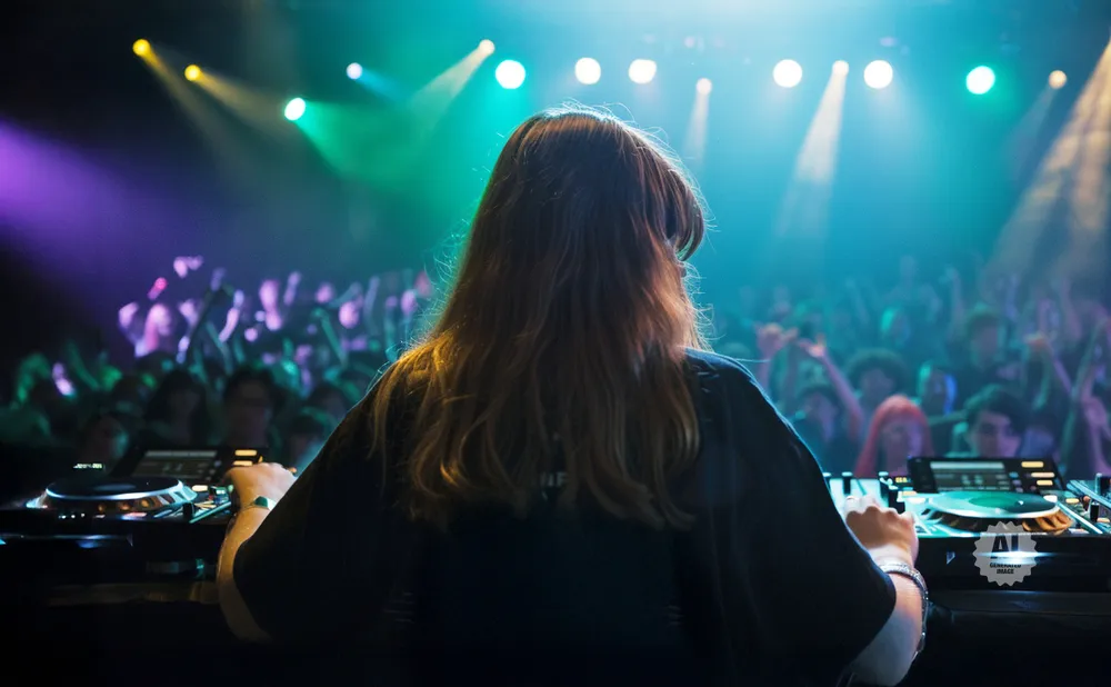 A DJ plays music for a crowd at a club, with colorful lights illuminating the scene.