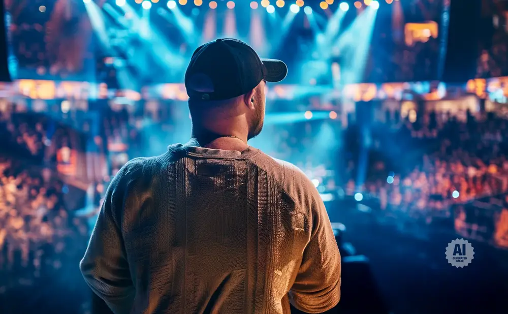 Man in baseball cap faces a brightly lit stage with a blurred audience.